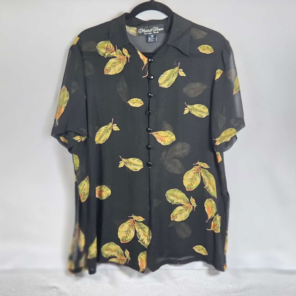 Marshall Rousso Vintage 90s Silk Leaf Print Button Up Shirt Medium Black Chiffon